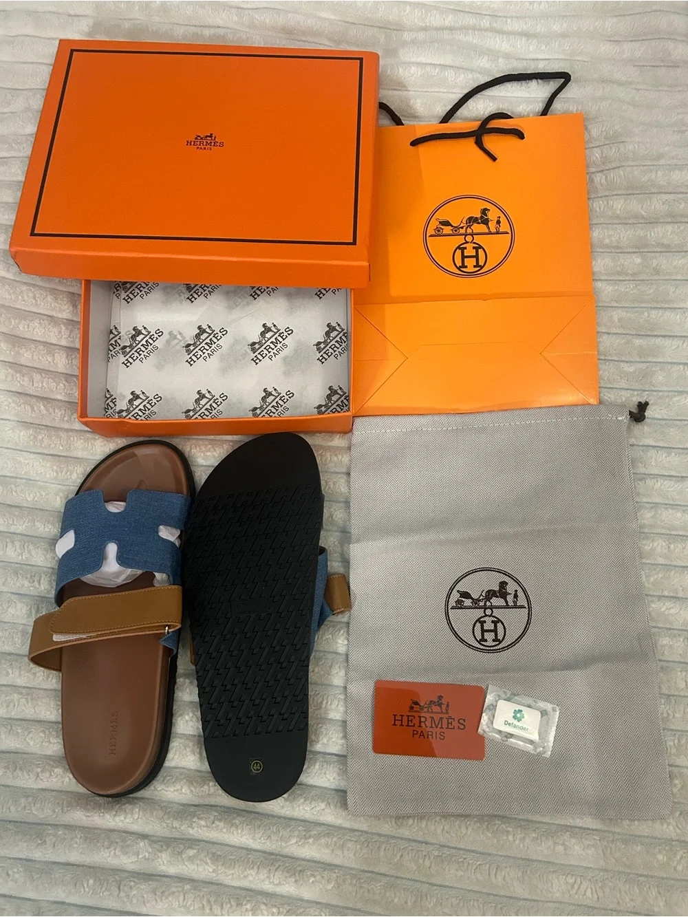 Hermès Blue Canvas and Brown Leather Slide Sandals